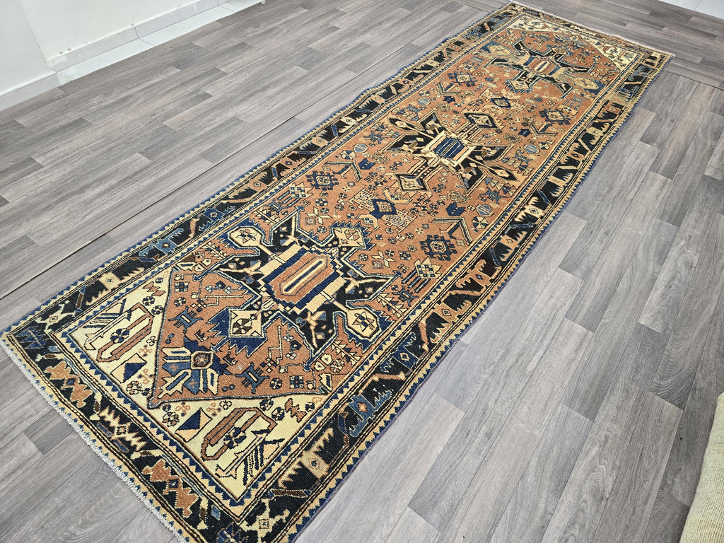 Hand-Knotted Wool Heriz Runner: Muted Pastel Geometric Design (3.55x11 ft)