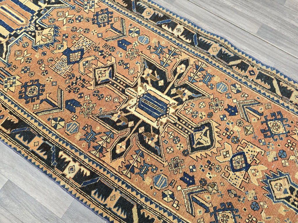 Hand-Knotted Wool Heriz Runner: Muted Pastel Geometric Design (3.55x11 ft)