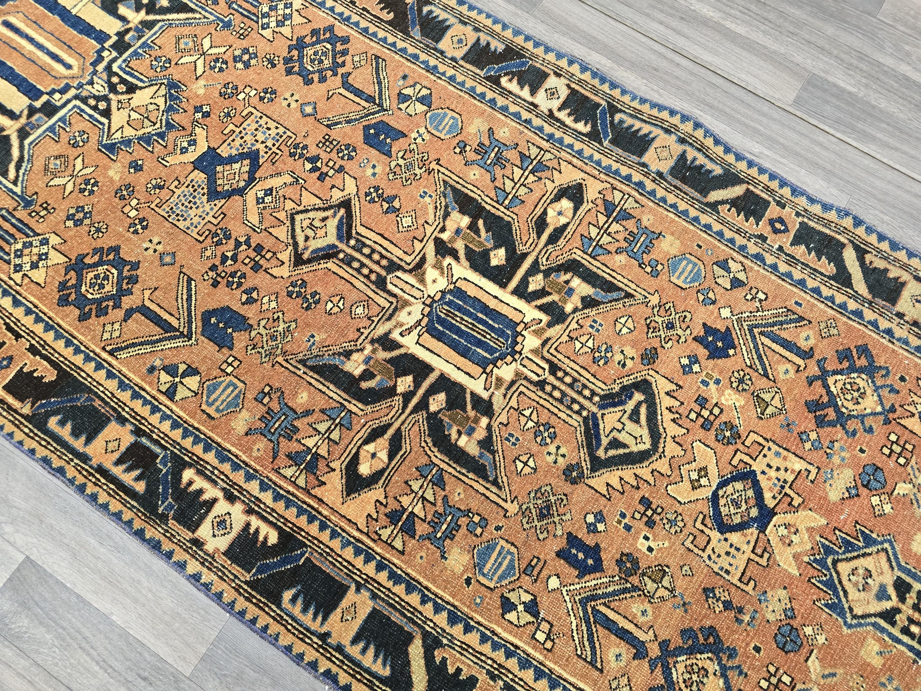 Hand-Knotted Wool Heriz Runner: Muted Pastel Geometric Design (3.55x11 ft)