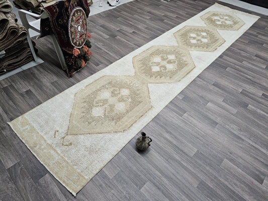 Turkish Runner 3x14 Long Hand Knotted Neutral Runner for Hallway and Corridor Beige Brown Muted Colors