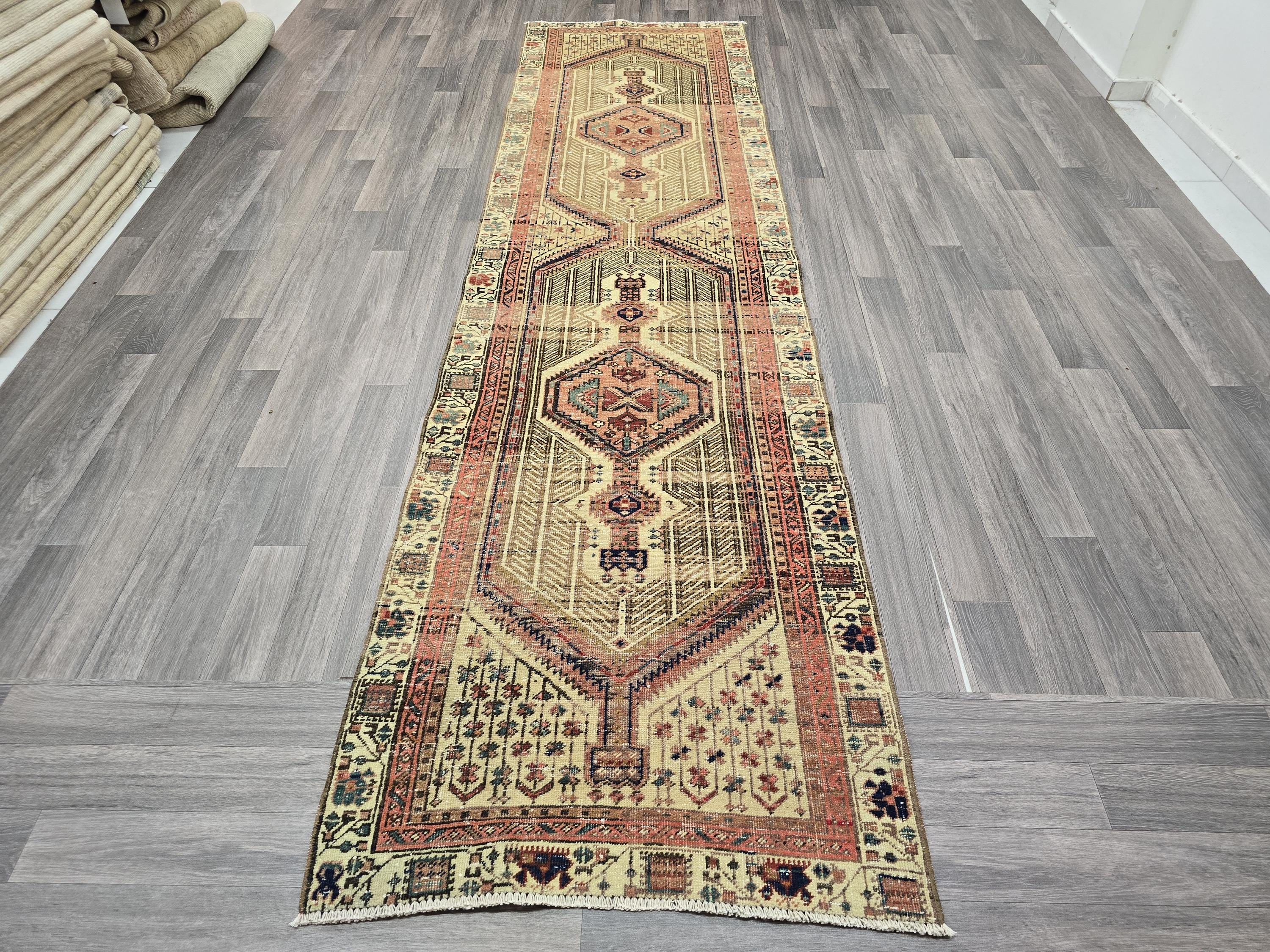 Vintage Heriz Runner Rug: Hand-Knotted Pastel Geometric Hallway Rug