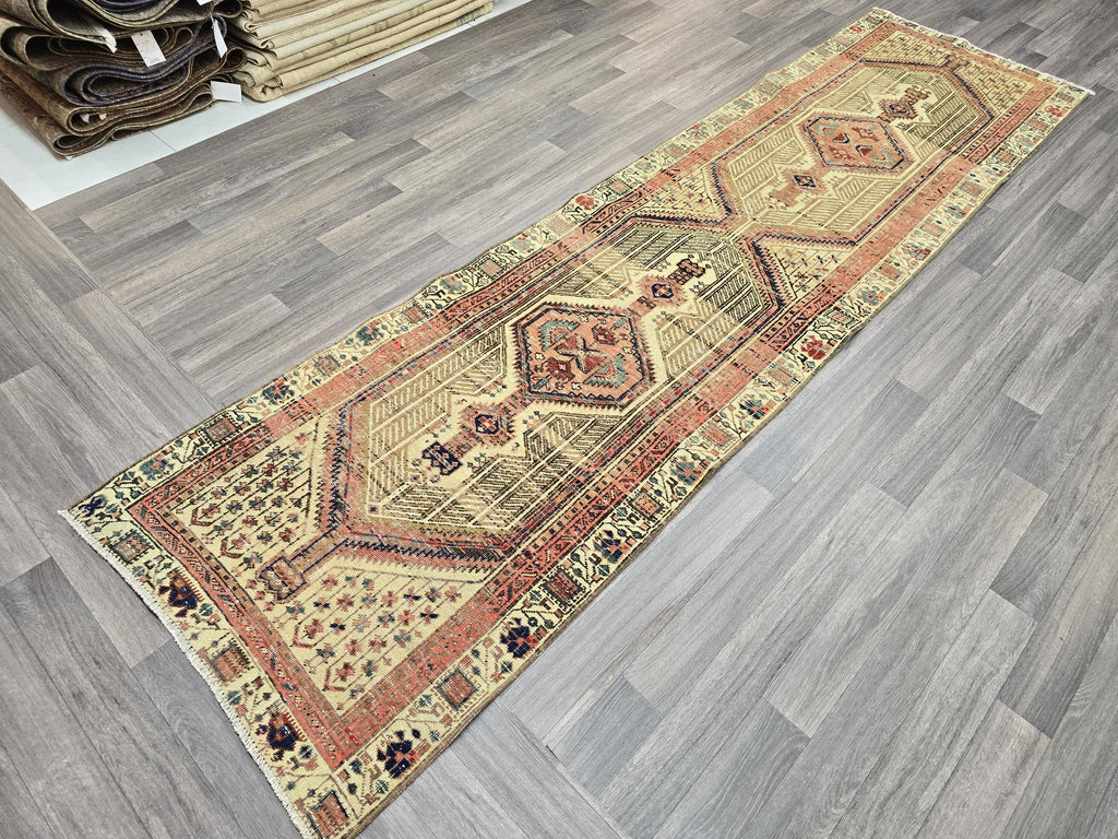 Vintage Heriz Runner Rug: Hand-Knotted Pastel Geometric Hallway Rug