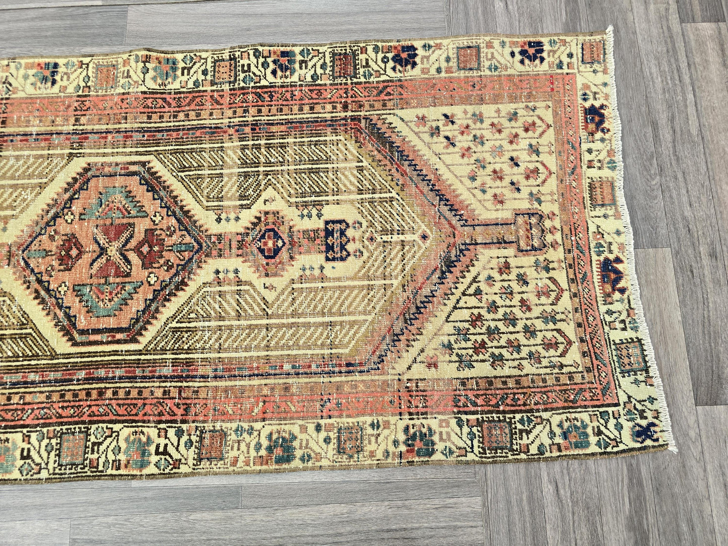 3x11 Vintage Heriz Runner for Hallway, Kitchen and Aisle - Hand Knotted Geometric Rug, Non Slip Pastel Toned Runner, Antique Hallway Rug