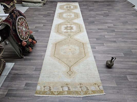 3x13 Long Neutral Turkish Runner for Hallway and Kitchen - High Quality Aesthetic Oushak Runner beige/cream brown