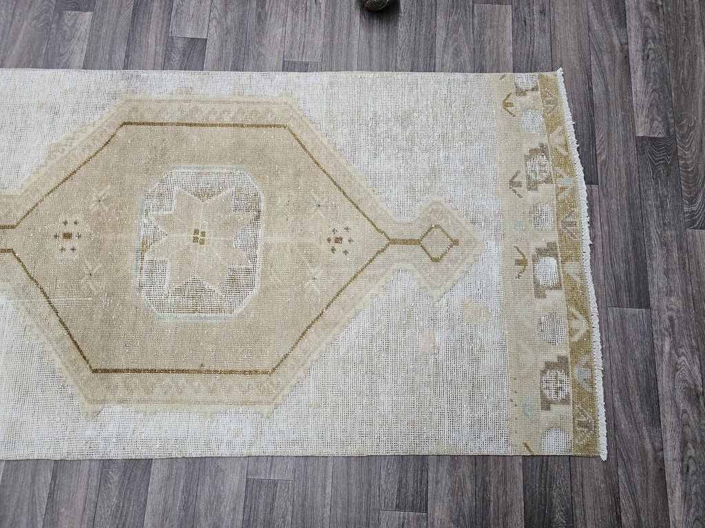 Neutral Turkish Oushak Runner Rug: Beige Cream Hallway Kitchen Rug (3x13)
