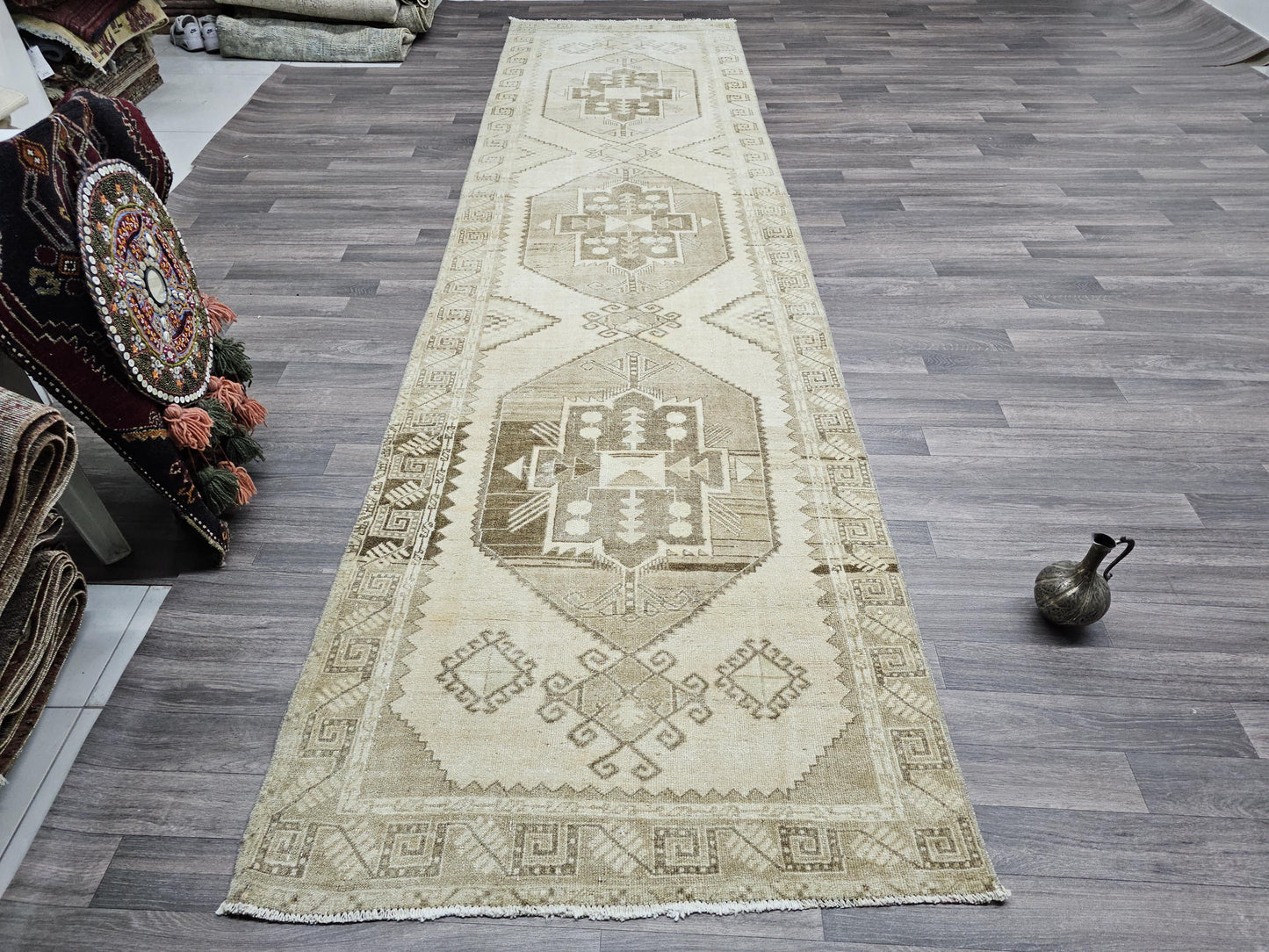 Wide Oushak Runner 3.5x13.20 feet Hand Knotted Wool Rug Runner Boho Style Earth Tone