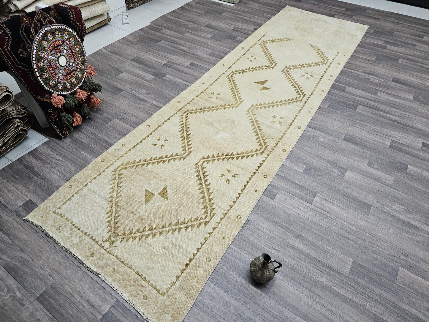 Wide Neutral Turkish Runner Beige Brown Geometric Pale Oushak Runner Handmade //3.40x12.15 feet