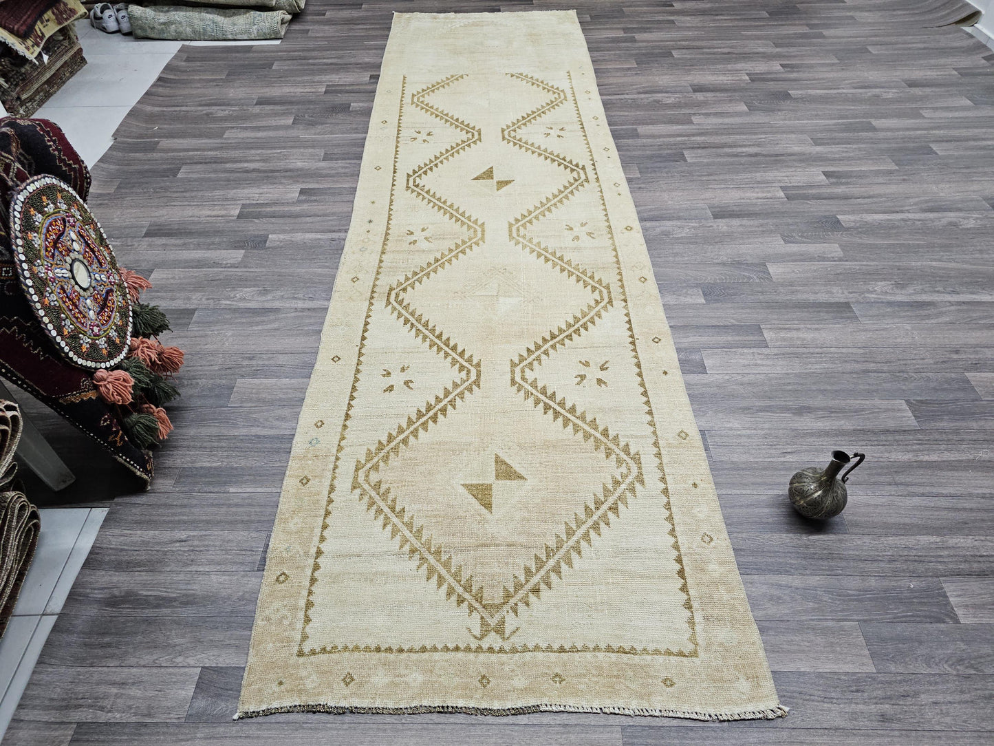 Wide Neutral Turkish Runner Beige Brown Geometric Pale Oushak Runner Handmade //3.40x12.15 feet