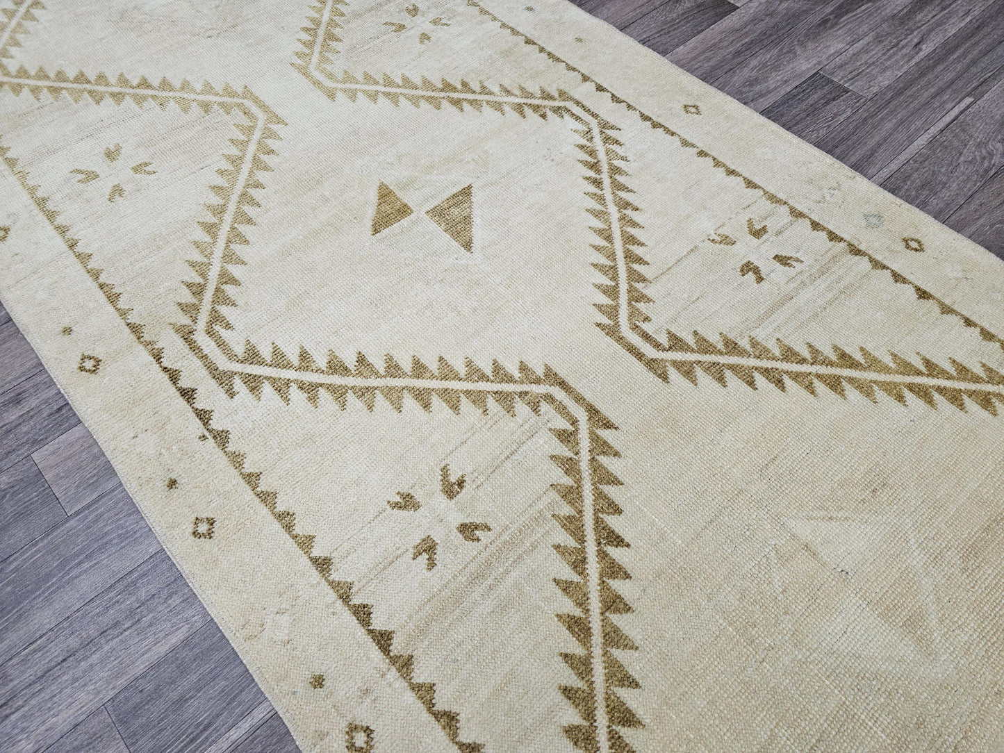 Wide Neutral Turkish Runner Beige Brown Geometric Pale Oushak Runner Handmade //3.40x12.15 feet