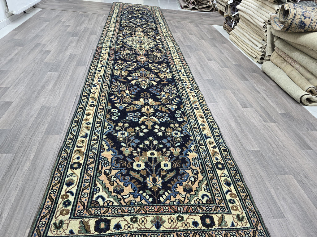 Hand Knotted Wool Runner Rug: 3x16 ft Vintage Turkish Oriental Design