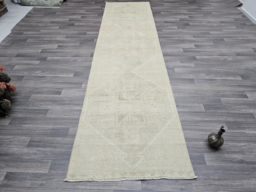 Handmade Wool Oushak Runner 3x12: Muted Vintage Turkish Rug