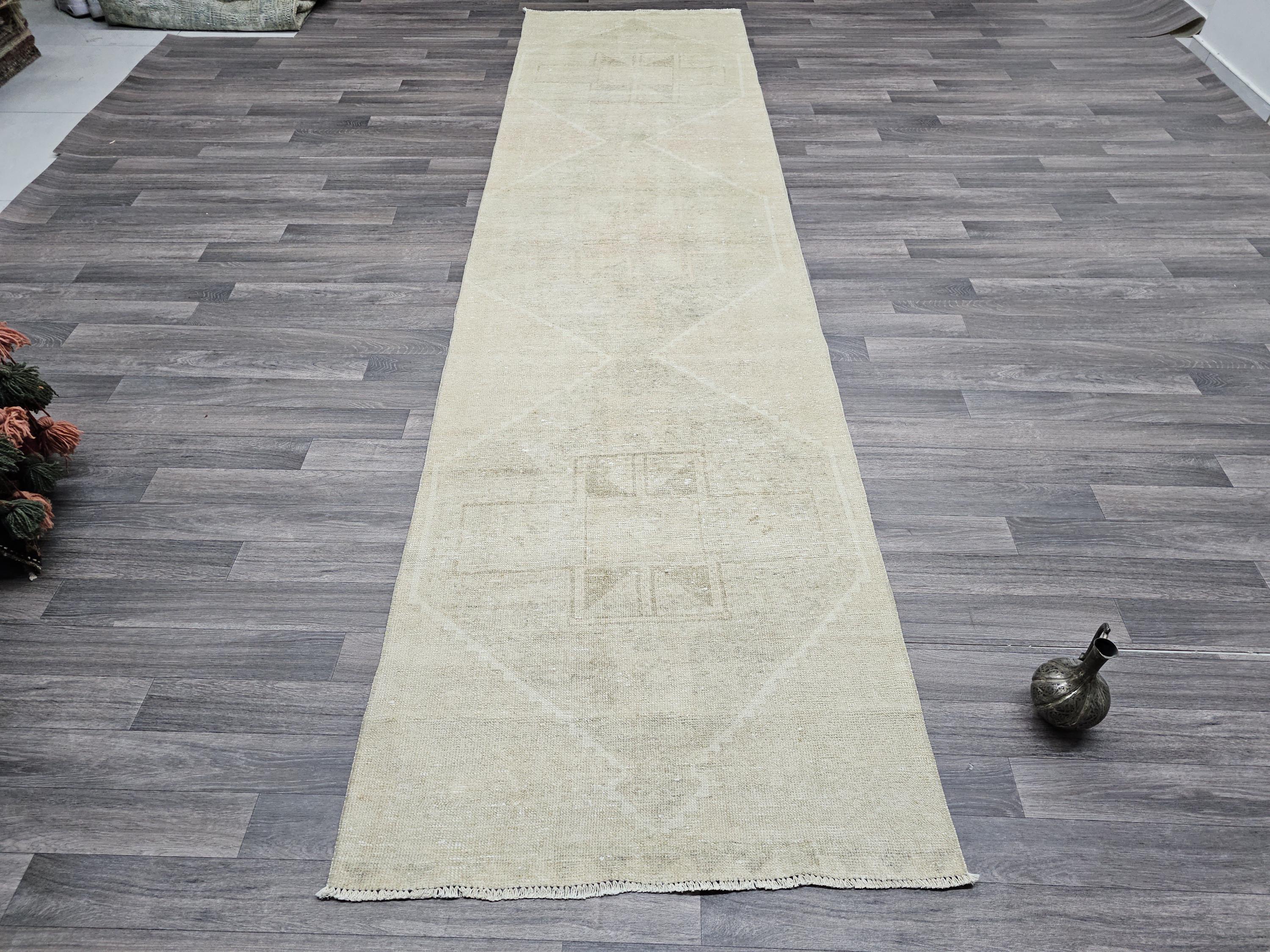 Handmade Wool Oushak Runner 3x12: Muted Vintage Turkish Rug