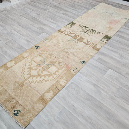 Neutral Vintage Runner Rug / 3.30x12.45 feet / Hand Knotted Wool Oushak Runner for Hallway / Boho Decor Runner / Wool Turkish Runner Rug