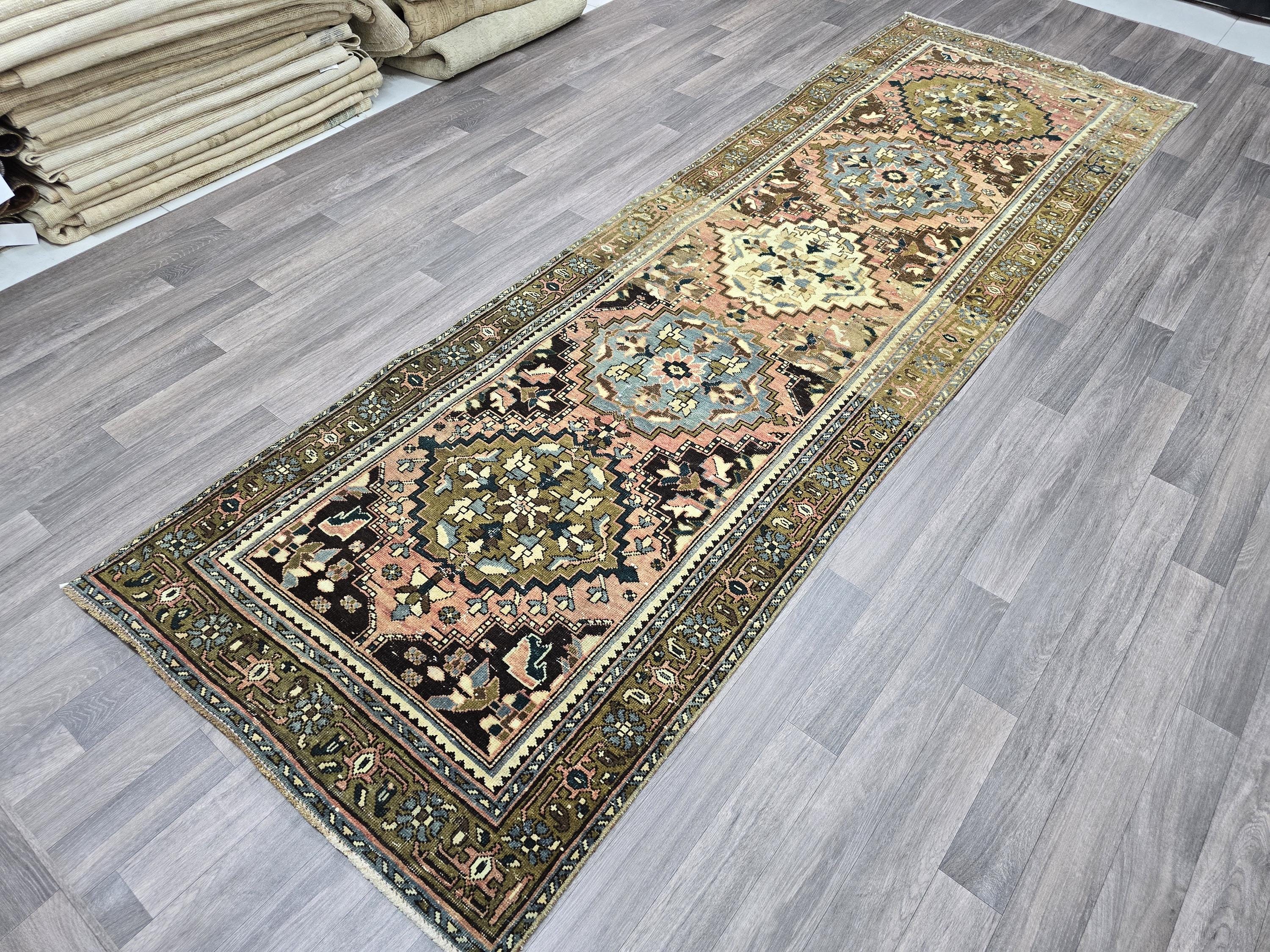 Hand Knotted Wool Heriz Runner: Vintage Persian Rug (3.40x10.70 ft)