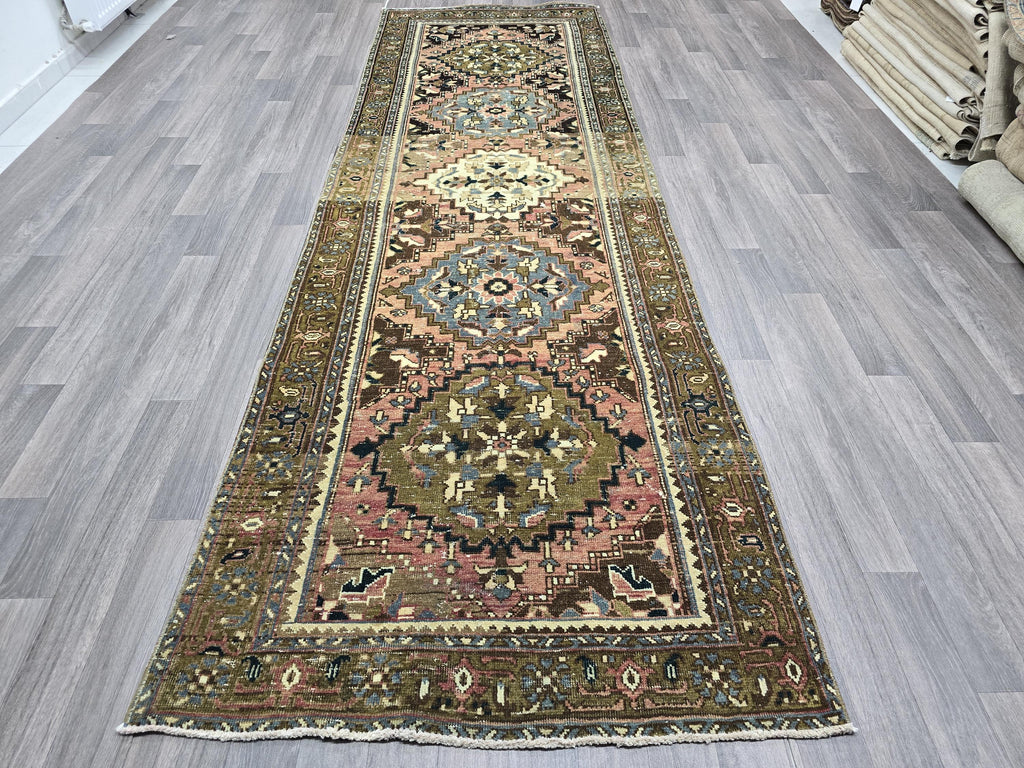 Hand Knotted Wool Heriz Runner: Vintage Persian Rug (3.40x10.70 ft)