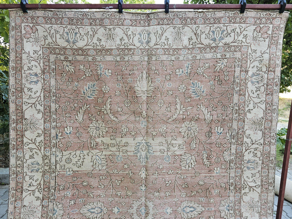 7x10 Hand-Knotted Turkish Oushak Rug: Faded Oriental Area Carpet