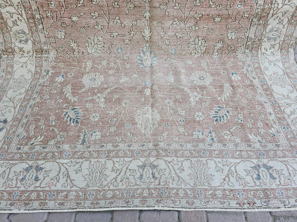 7x10 Hand-Knotted Turkish Oushak Rug: Faded Oriental Area Carpet