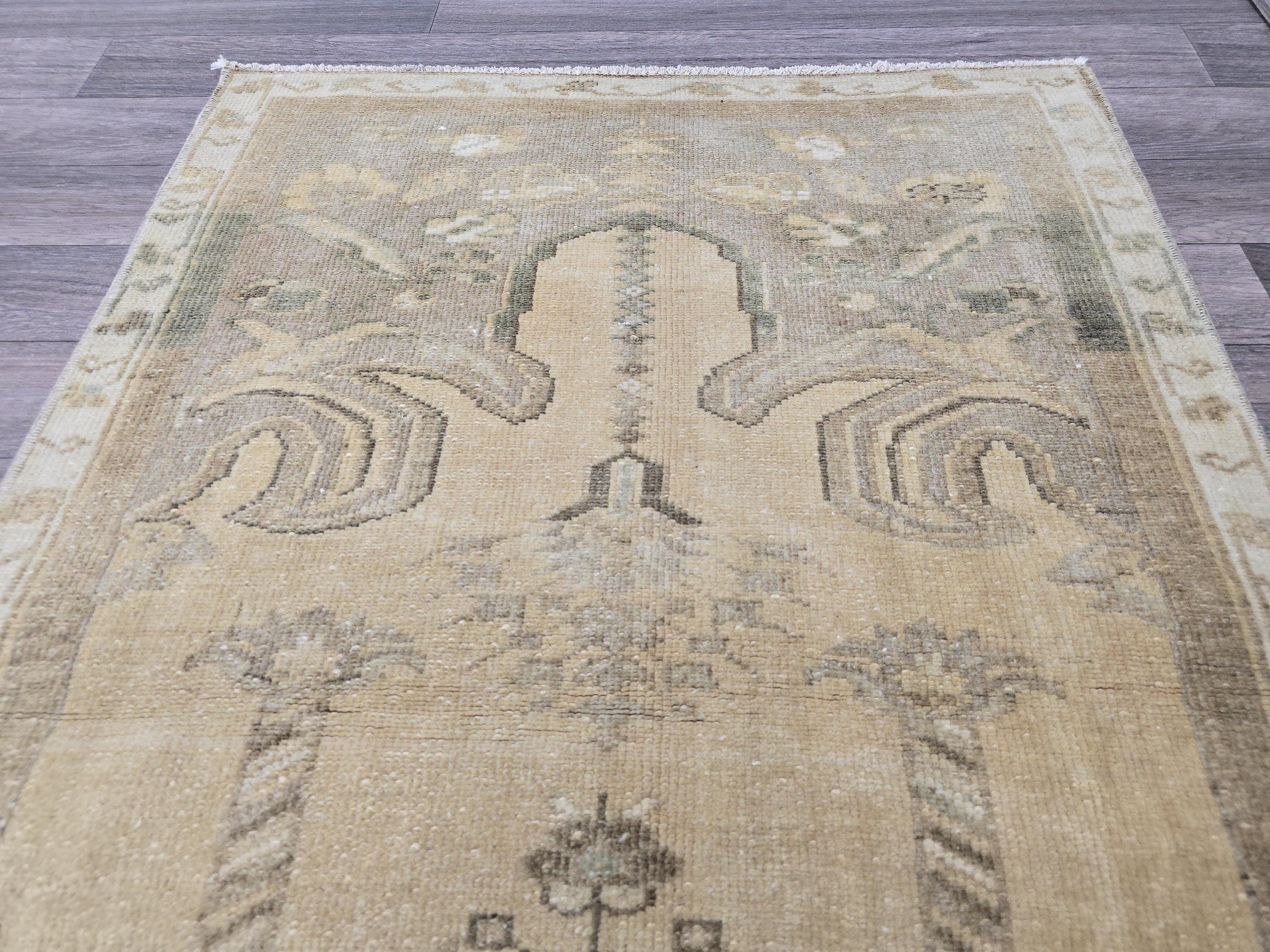 Vintage Oushak Wool Rug: 3x4 Turkish Doormat, Mid-Century Decor