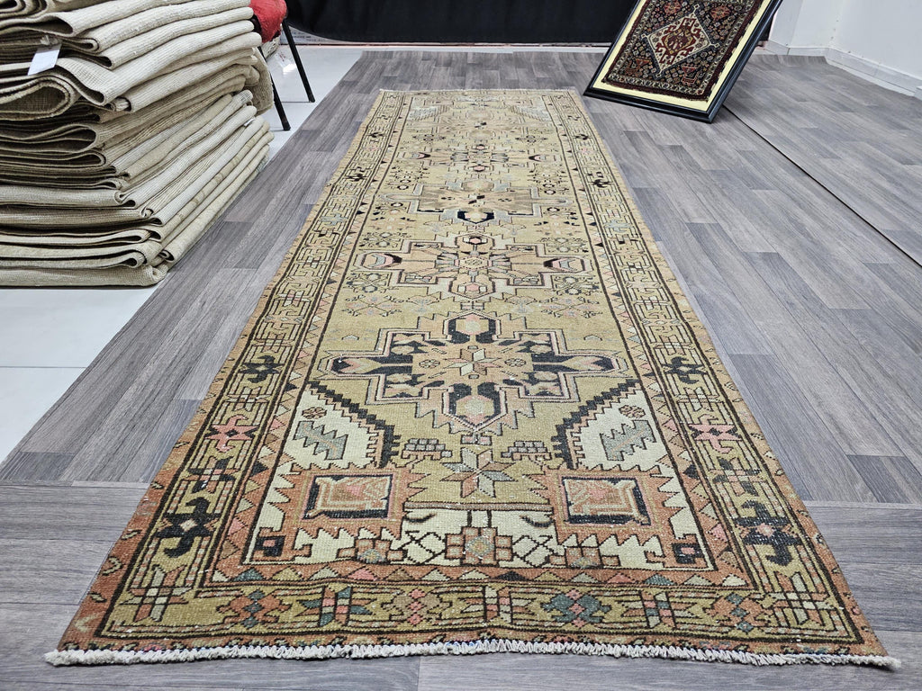 Hand Knotted Wool Turkish Runner Rug: Vintage Geometric Design