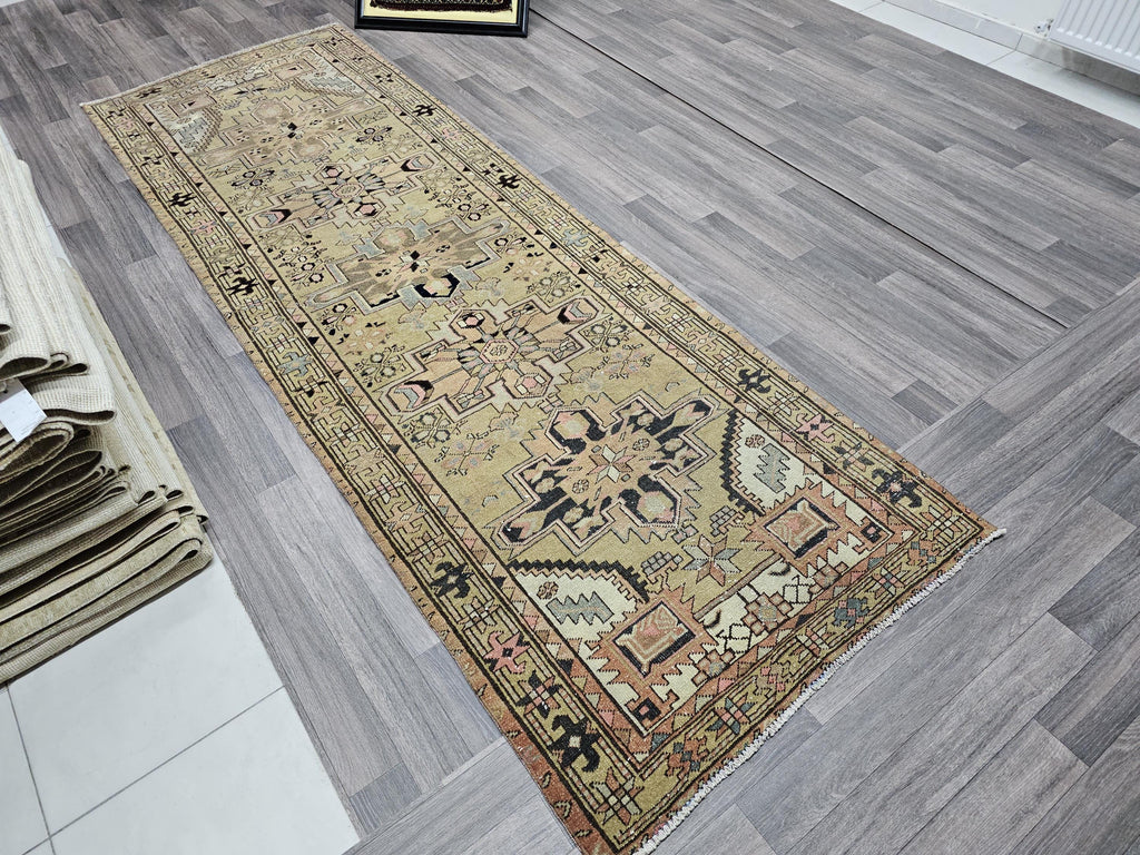 Hand Knotted Wool Turkish Runner Rug: Vintage Geometric Design