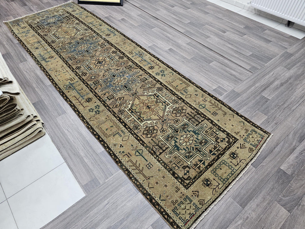 Handknotted Wool Turkish Runner Rug: Vintage Kitchen Rug (3.30x11.25 feet)