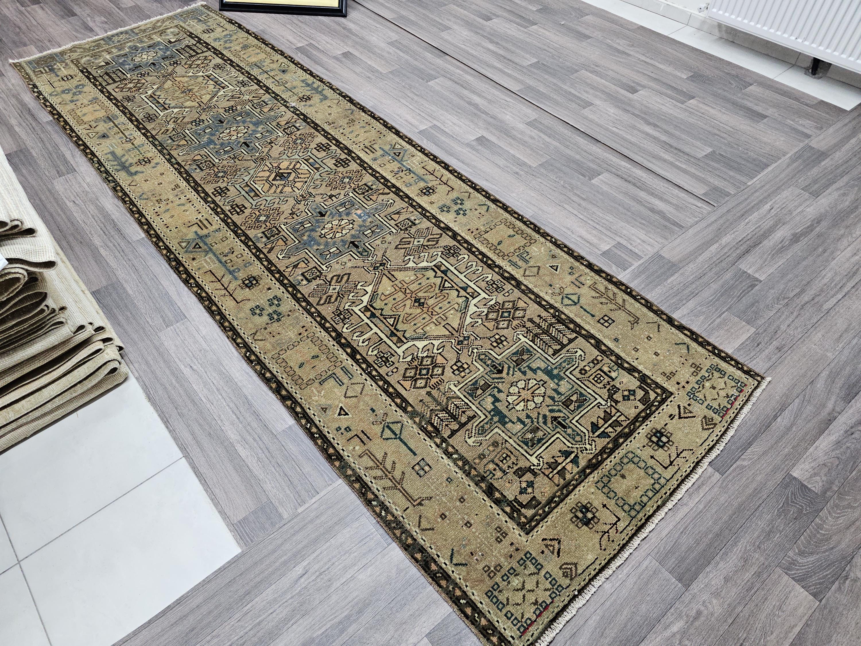 Handknotted Wool Turkish Runner Rug: Vintage Kitchen Rug (3.30x11.25 feet)