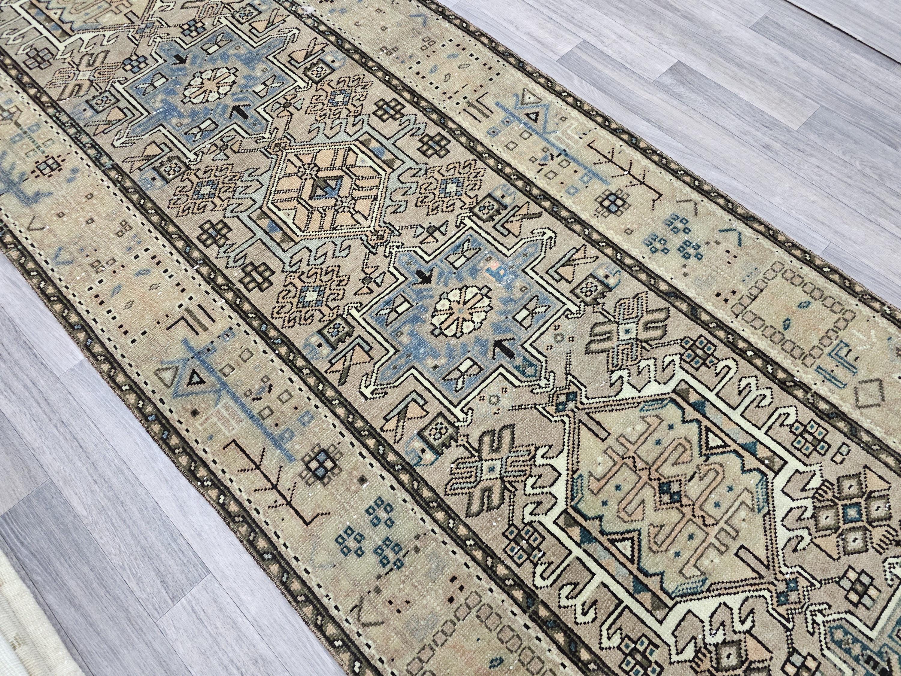 Handknotted Wool Turkish Runner Rug: Vintage Kitchen Rug (3.30x11.25 feet)