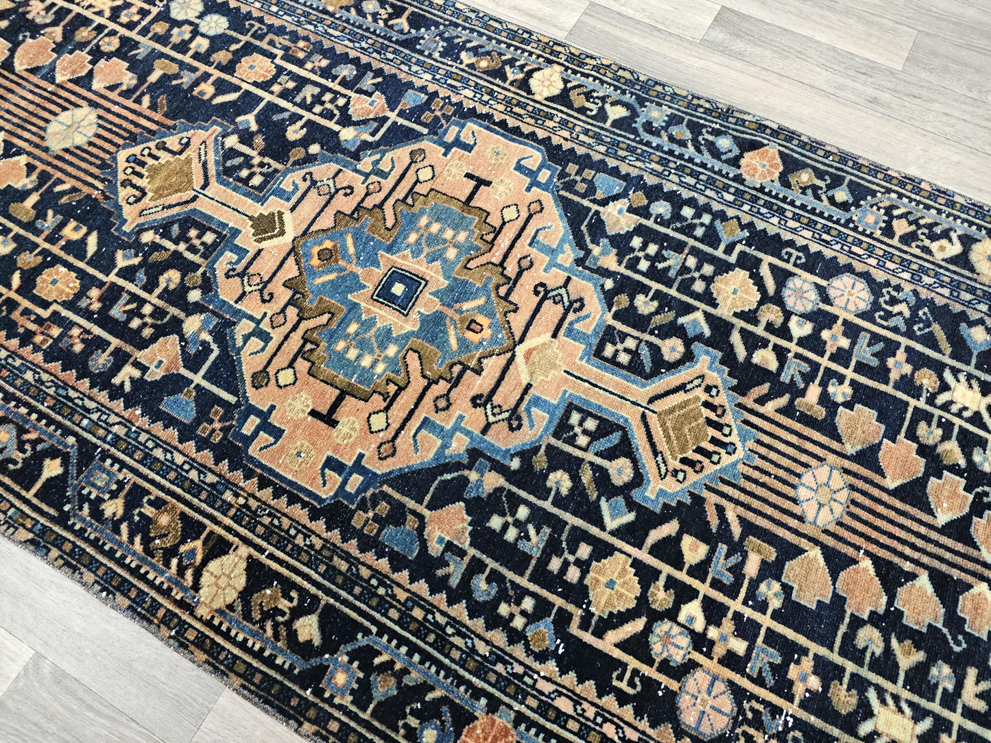 Handwoven Antique Persian Runner Rug with Geometric Medallion Design