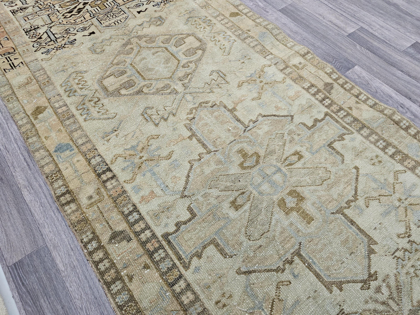 Vintage Geometric Runner Rug – 3.5x9.75 ft Distressed Hallway Carpet in Earthy Tones