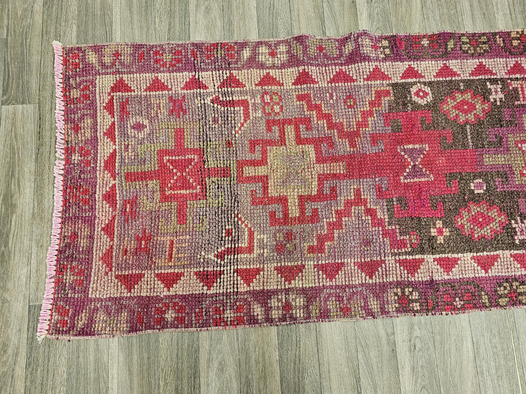 Hand Knotted Wool Herki Runner Rug: Vintage Oriental Aisle Rug (2.60x9.70 feet)