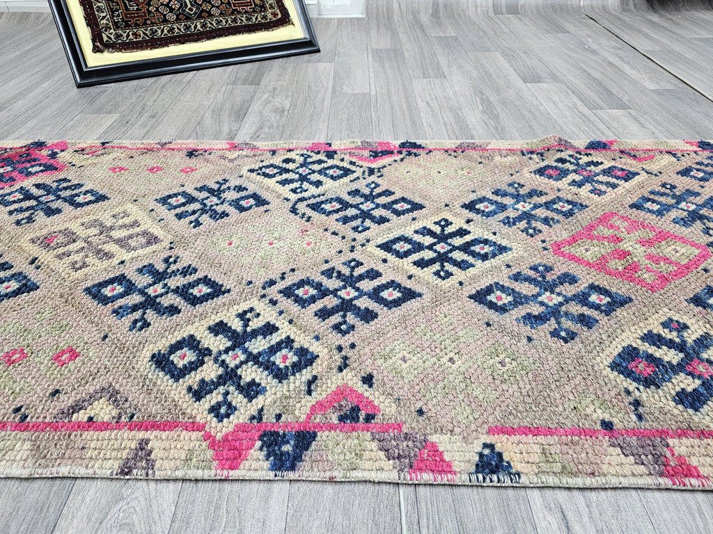 Hand Knotted Wool Runner Rug: Vintage Turkish Herki, 2.40x13 ft