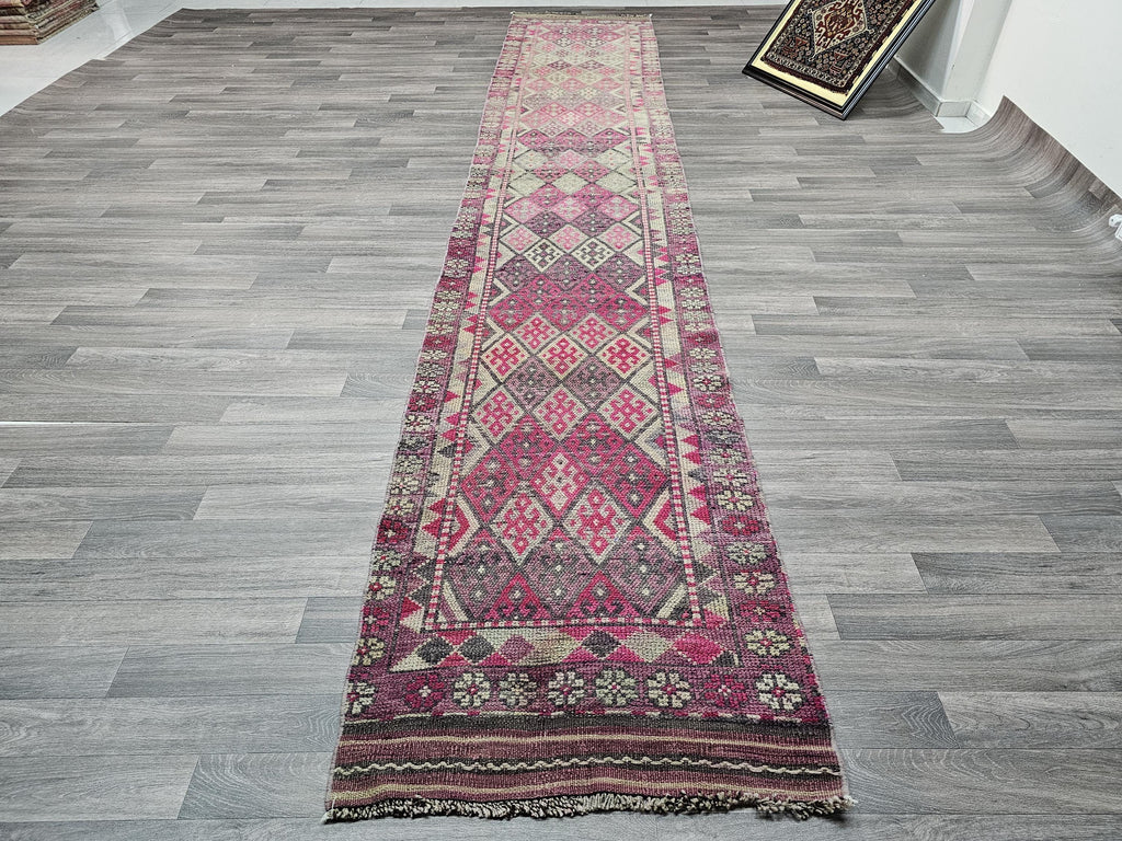 Hand Knotted Wool Turkish Runner: Vintage Geometric Hallway Rug (2.70x14.70 ft)