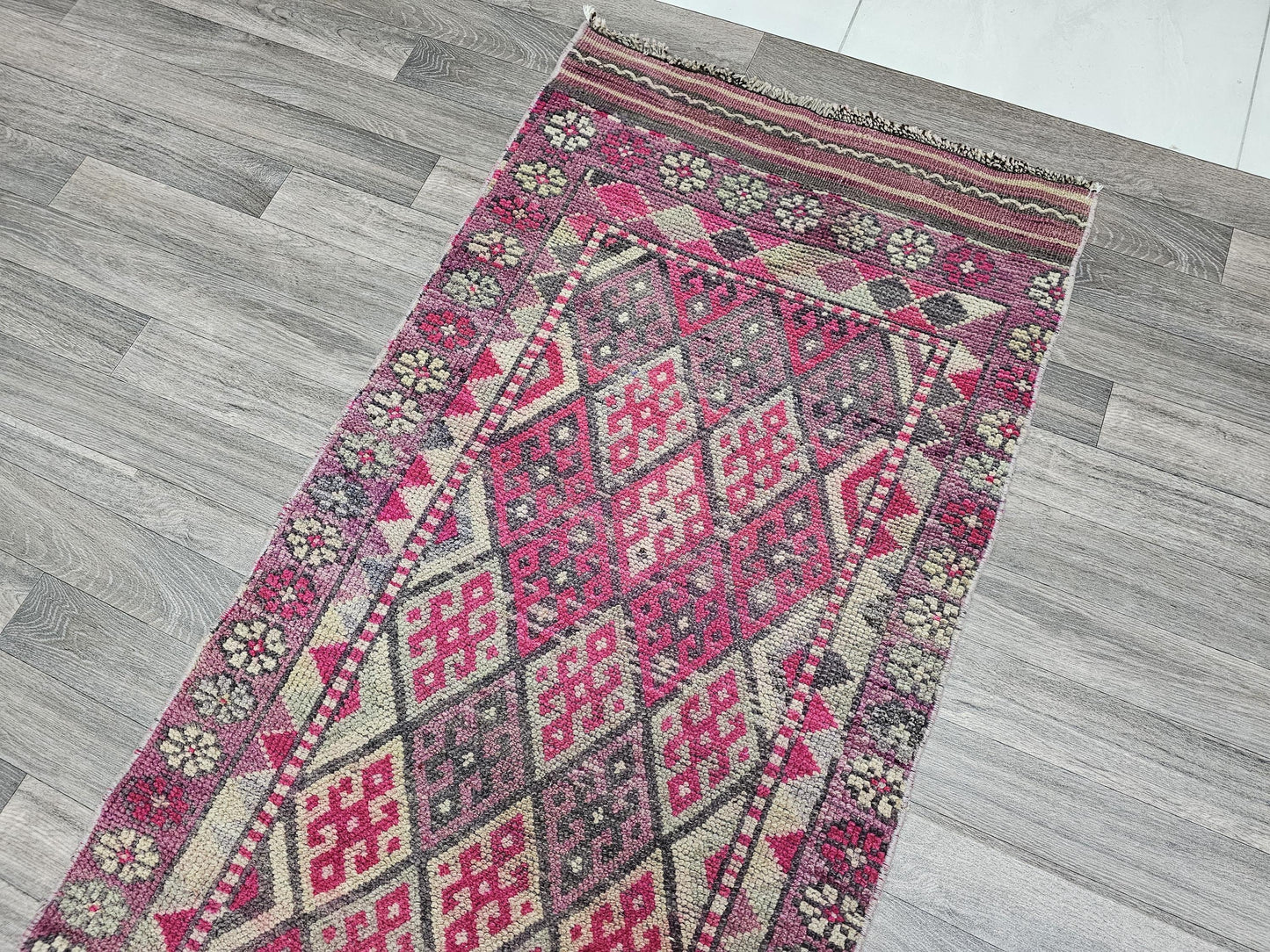 Long Vintage Runner / 2.70x14.70 feet / Hand Knotted Wool Turkish Runner for Hallway and Stairs/ Authentic Persian Runner Geometric