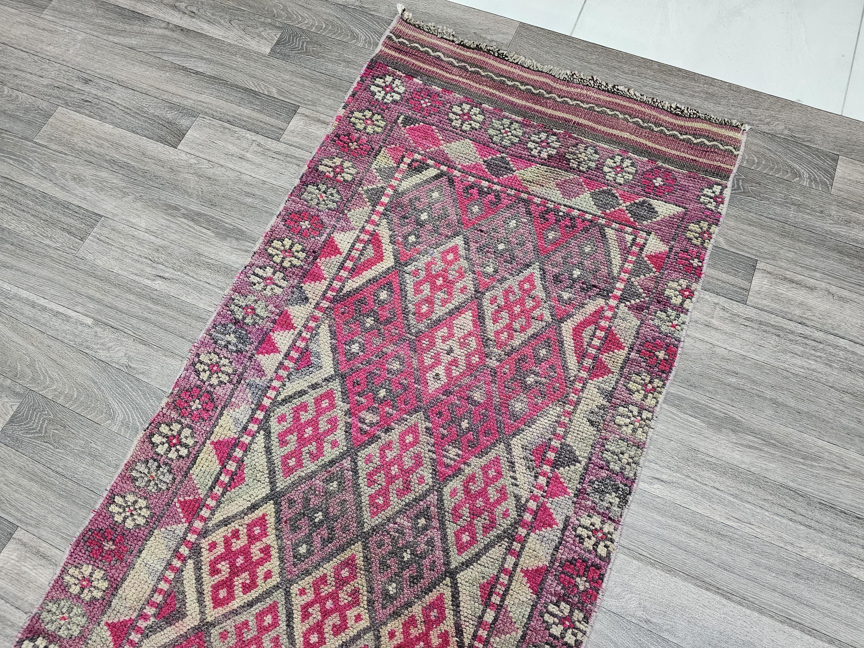 Hand Knotted Wool Turkish Runner: Vintage Geometric Hallway Rug (2.70x14.70 ft)