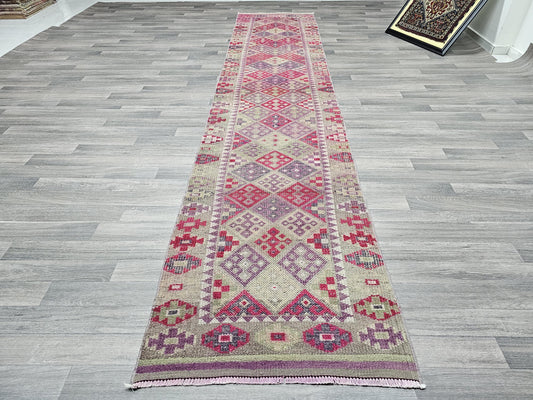 3x13 Narrow Vintage Turkish Runner Rug, Handwoven Kilim Rug, Geometric Pattern, Home Decor