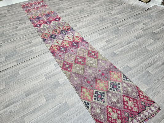 2.25x13.45 Feet  Hand Knotted Traditional Turkish Herki Runner Rug | Authentic Vintage Wool Rug | Long Hallway Runner | Unique Home Decor