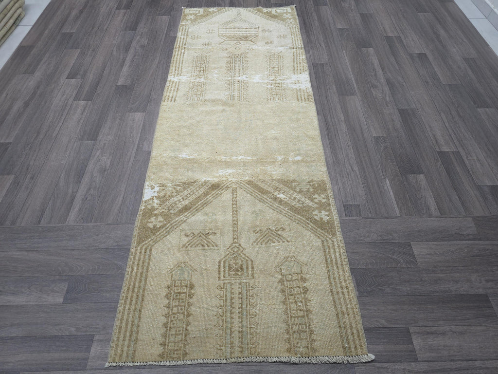 Hand Knotted Wool Runner: 3x7 Vintage Turkish Oushak Hallway Rug