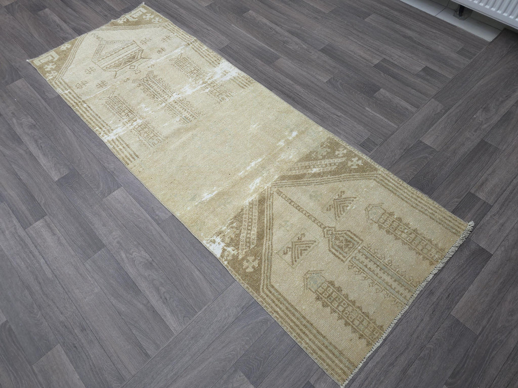 Hand Knotted Wool Runner: 3x7 Vintage Turkish Oushak Hallway Rug