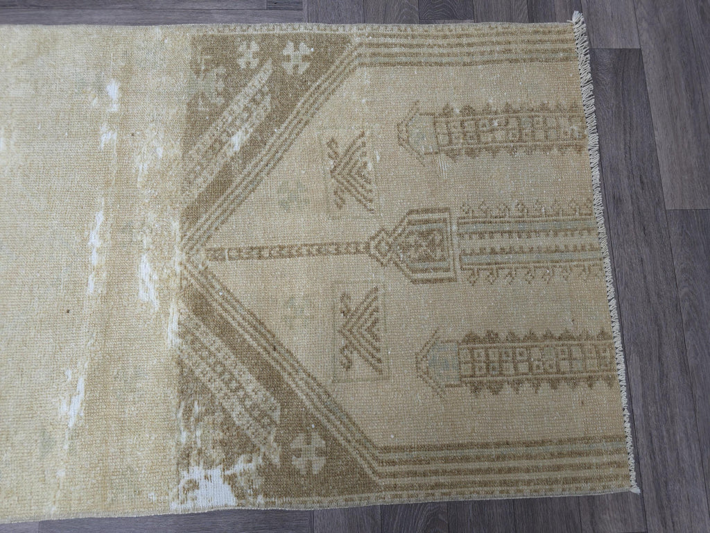 Hand Knotted Wool Runner: 3x7 Vintage Turkish Oushak Hallway Rug