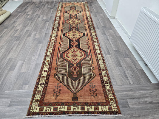 3.5x13.50 feet Hand-Knotted Persian Runner Rug - Geometric Tribal Design - Wide Hallway Runner