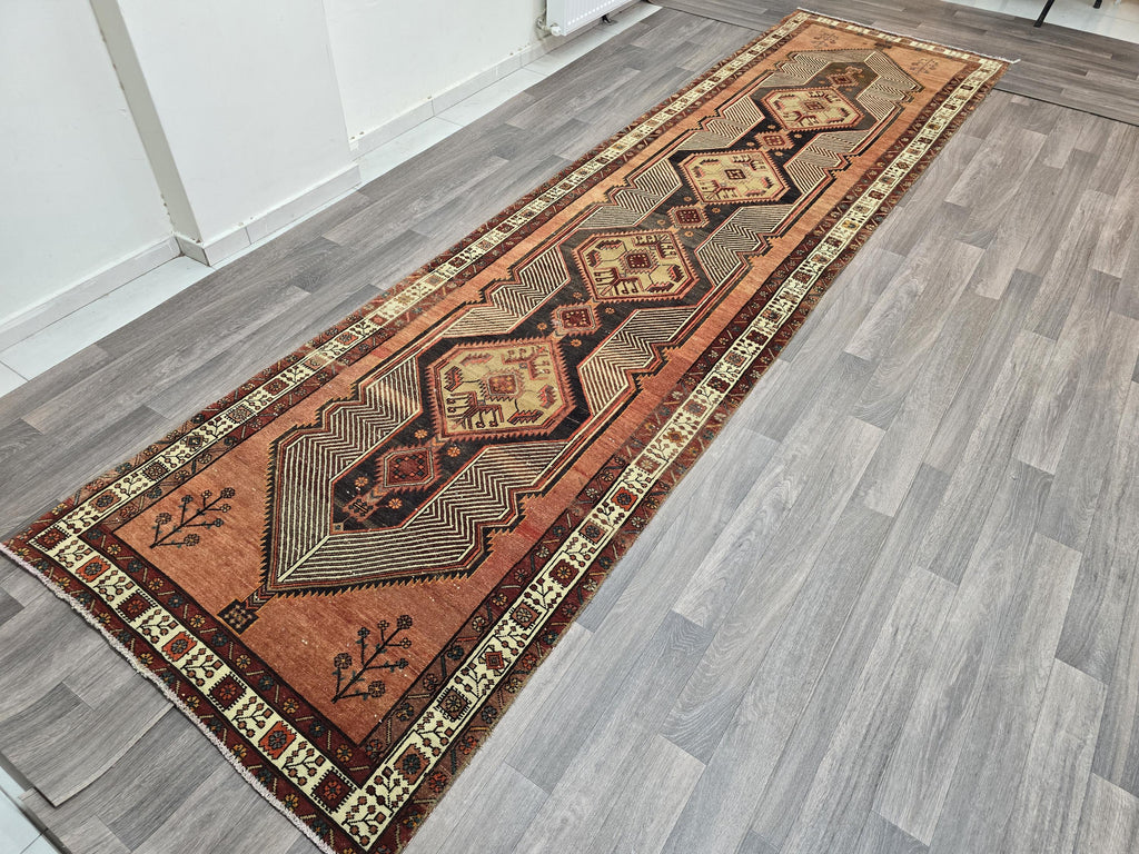 3.5x13.50 feet Hand-Knotted Persian Runner Rug - Geometric Tribal Design - Wide Hallway Runner