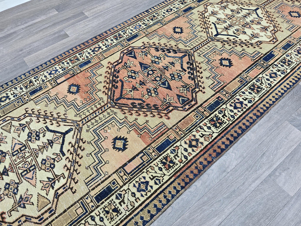 Vintage Heriz Wool Runner: Hand-Knotted Pastel Oushak Rug (3.40x13.30 ft)