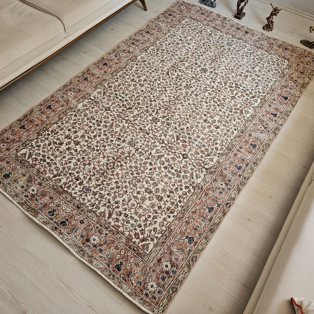 Hand Knotted Turkish Wool Rug: 6x9 Vintage Bohemian Oushak Carpet