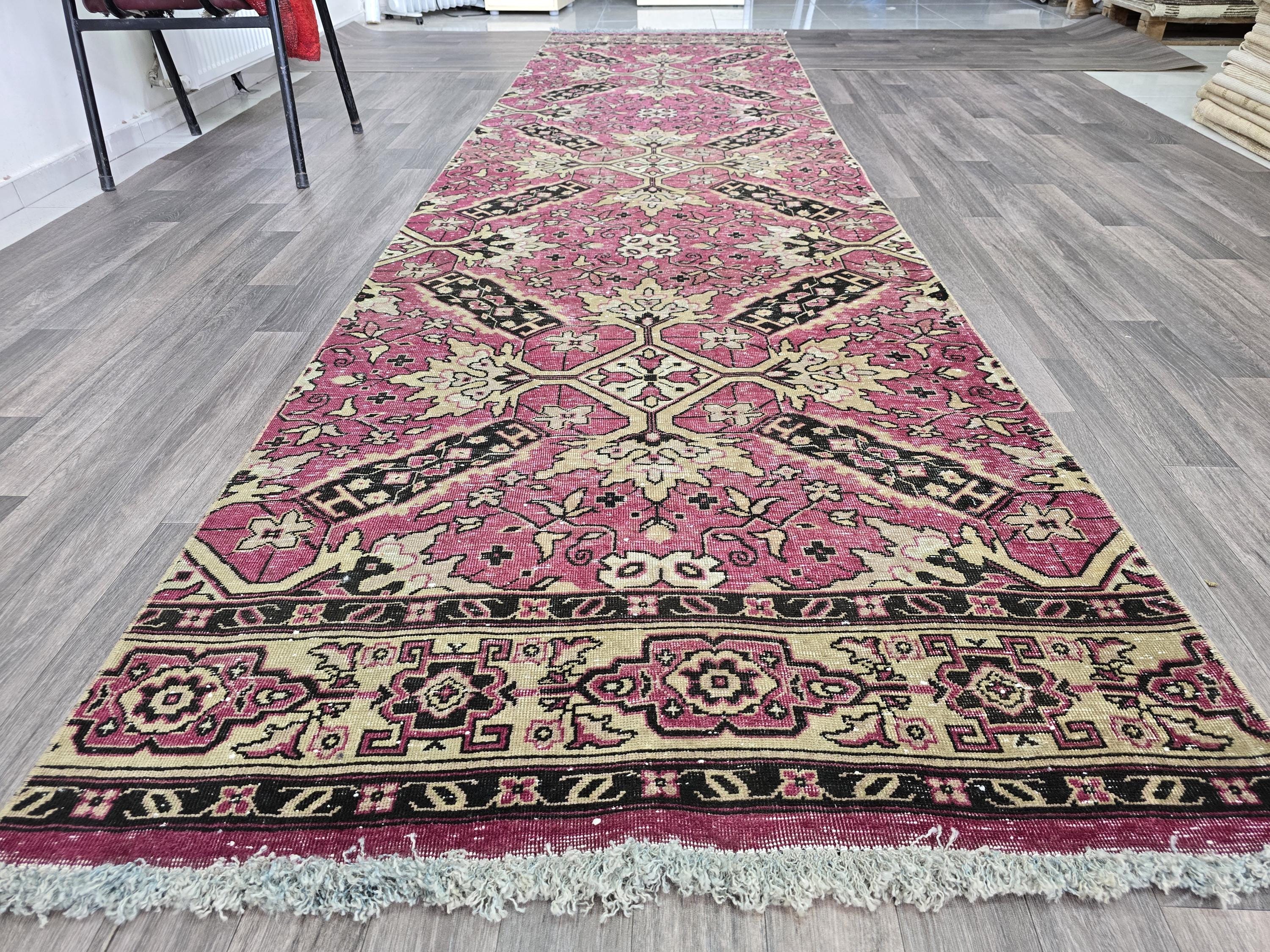 Hand-Knotted Wool Runner Rug: Vintage Floral Bohemian Decor (3.60x13.65 Feet)