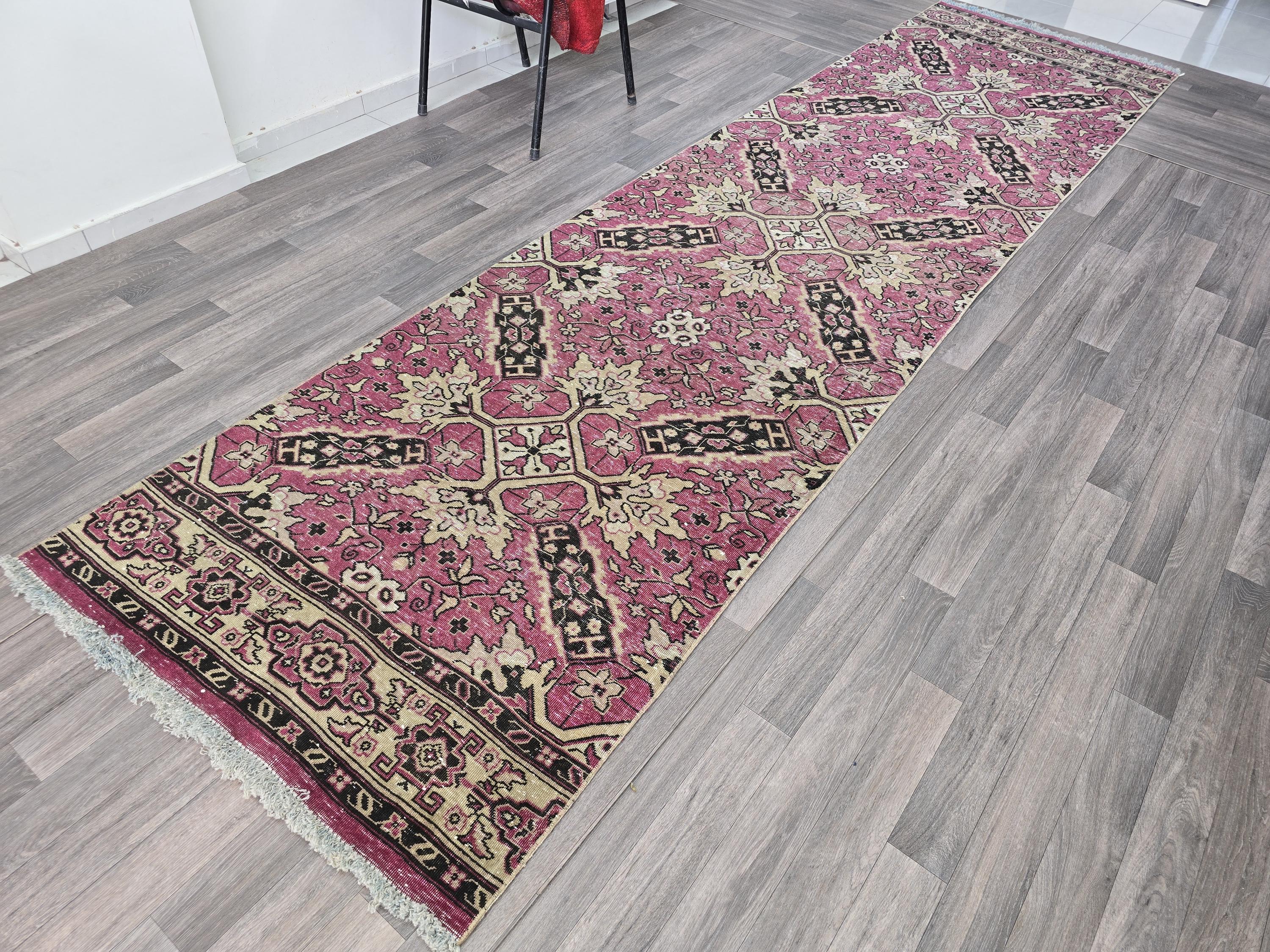 Hand-Knotted Wool Runner Rug: Vintage Floral Bohemian Decor (3.60x13.65 Feet)