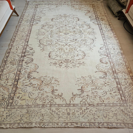 Neutral Vintage Turkish Area Rug 6.1x9.5 Feet | Handmade Wool Turkish Carpet | Large Bohemian Rug | Soft Neutral Tones