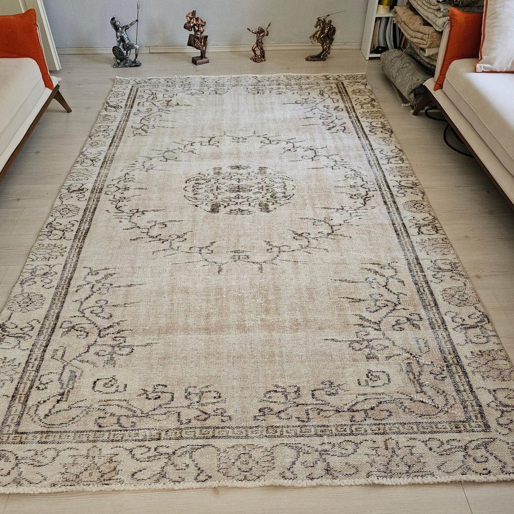 Hand Knotted Wool Turkish Oushak Rug 6x9: Neutral Boho Area Rug