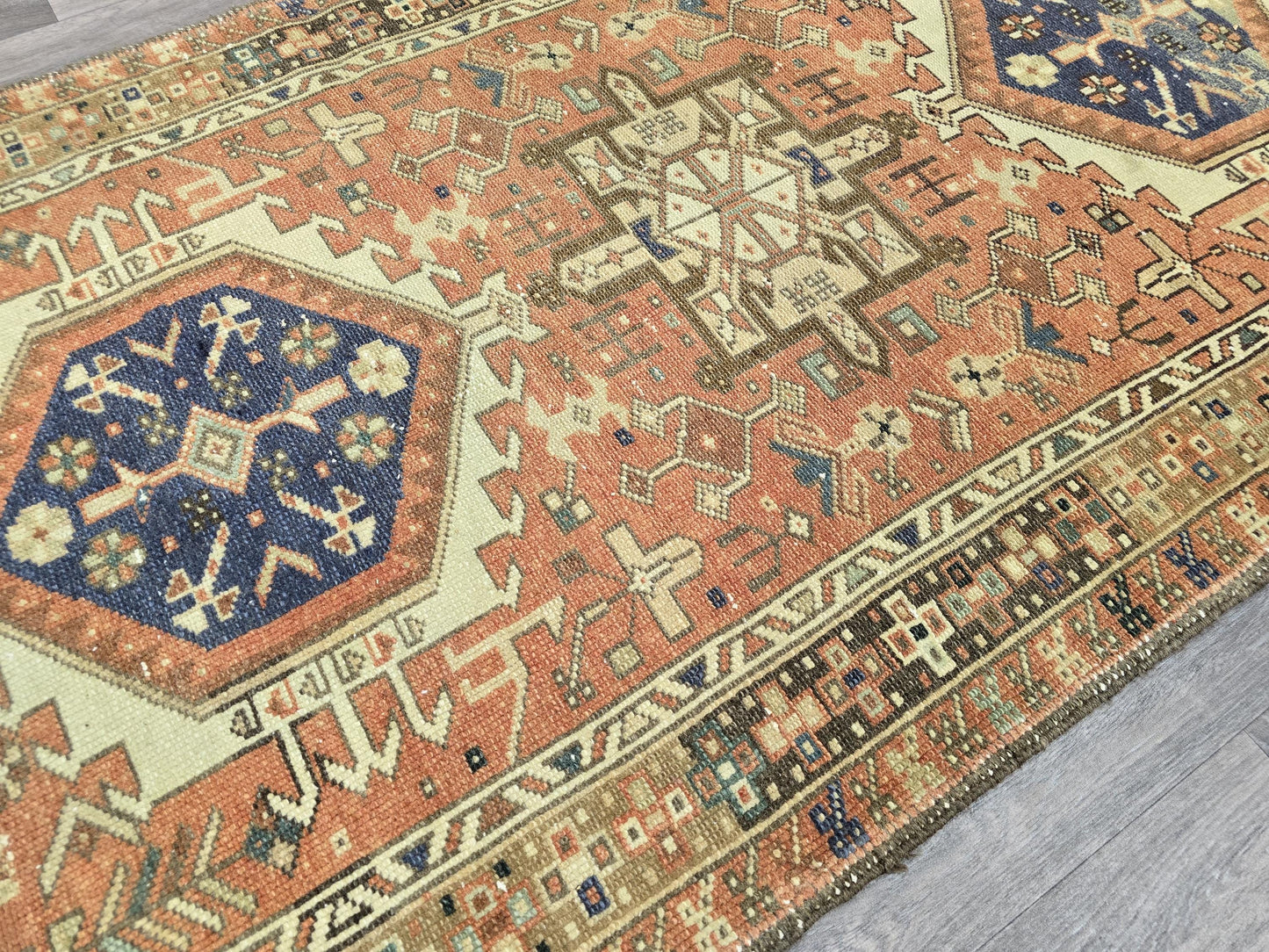 3.45x15 feet Vintage Heriz Runner with Geometric Design