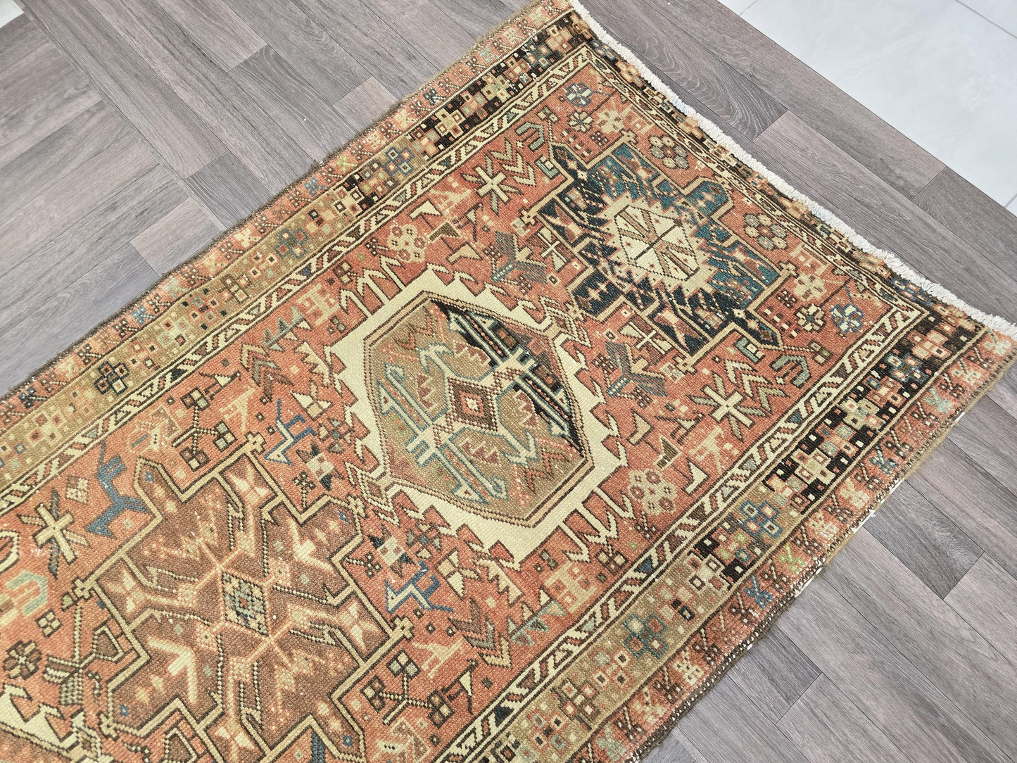 3.45x15 feet Vintage Heriz Runner with Geometric Design