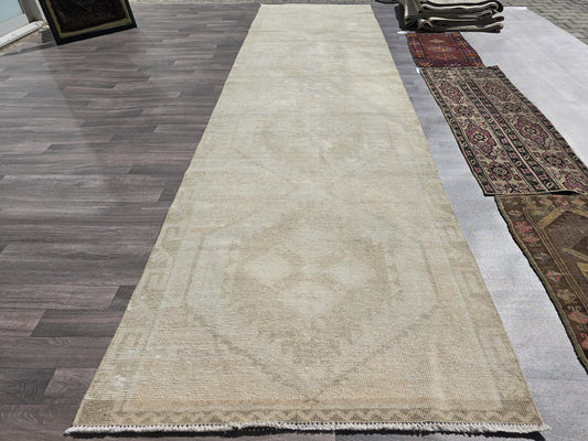 4x14 Wide Long Neutral Vintage Runner Rug - Hand Knotted Turkish Runner - Wool Oushak Runner Beige Cream Muted /3.60x14.35 feet